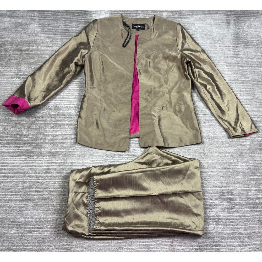 Russell Kemp Pant Suit Women 14 Gold Pink Metallic Formal Open Front Made in USA